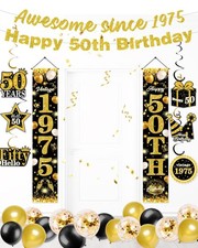 50th Birthday Decorations for Men Women, Pre-Strung Glitter Gold Happy 50th B...