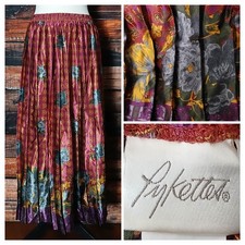 Pykettes Vintage Midi Skirt Size L Pleated Floral Satin Elastic Waist