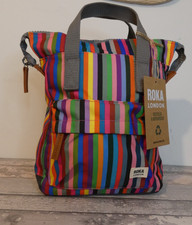 Roka London Bantry B Multi Stripe Small Recycled Canvas Backpack Bag.
