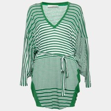 Stella McCartney Green Striped Linen Blend Knit Oversized Belted Mini Dress M