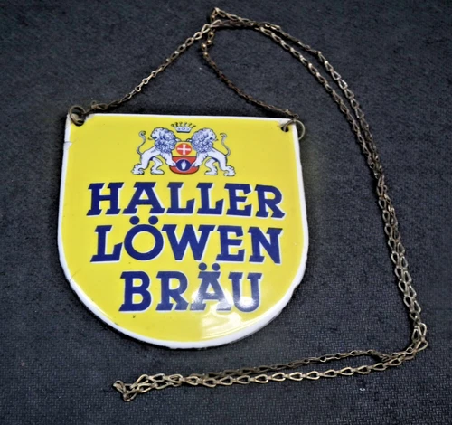 VINTAGE HALLER LOWENBRAU GERMAN BEER ENAMEL OVER METAL HANGING SIGN