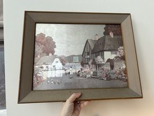 Vtg Ernest Uden Foil Art Print Lithograph Framed | English Cottage Village Scene