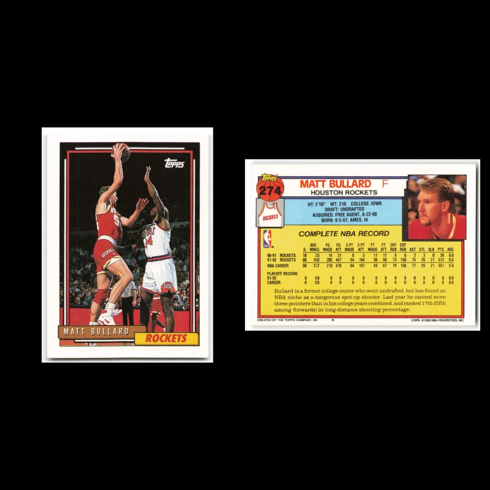 Matt Bullard #274 1992 Topps Houston Rockets Basketball Card NBA NM - Image 3 of 3