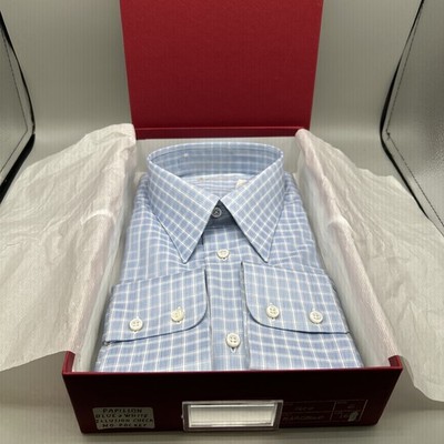 Men s Blue and White Illusion Check Papillon Dress Shirt No Pocket 16/41 A523