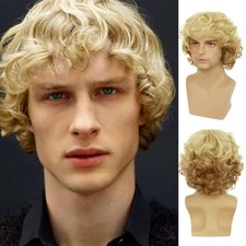 Mens Blonde Wig Short Wavy Fluffy Natural Synthetic Wig with Bangs Costume Da...