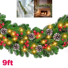 9FT Pre Lit Christmas Garland w/LED Lights Door Wreath Xmas Fireplace Decoration