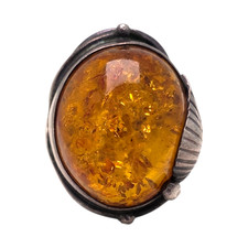 VINTAGE STERLING SILVER AMBER WITH LEAF STATEMENT SIZE 5.25 RING 9.2GR 1543