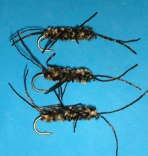 FLY FISHING FLIES - Beige/Black PAT's RUBBER LEG STONE NYMPH size #8** (6 pcs.)
