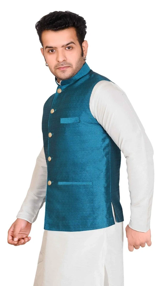 Men's Nehru Style Formal Waistcoat Only Sleeveless Jacket Vest Mix Silk 1020 UK - Image 3 of 4