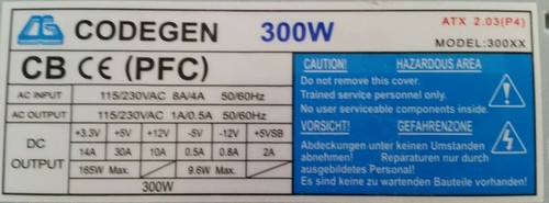 Universal PC CODEGEN Netzteil 300W Model:300xx ATX 2.03(P4)