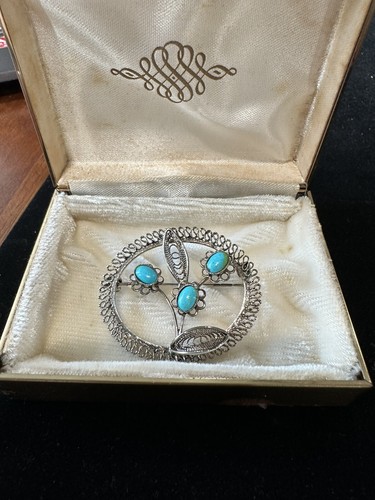 Vtg Sterling Silver Handmade Filigree Turquoise Flower Brooch