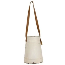 New Farmhouse AGED WHITE METAL WALL BASKET LEATHER STRAP Hanging Bucket