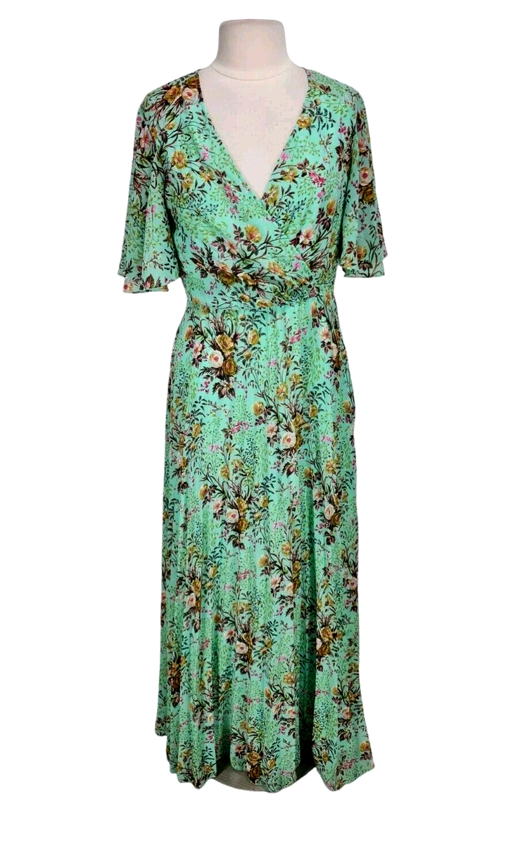 asos green floral maxi dress Women Plated Ruffle Size 14 V-Neck Short Sleeve 81P Mesh dress