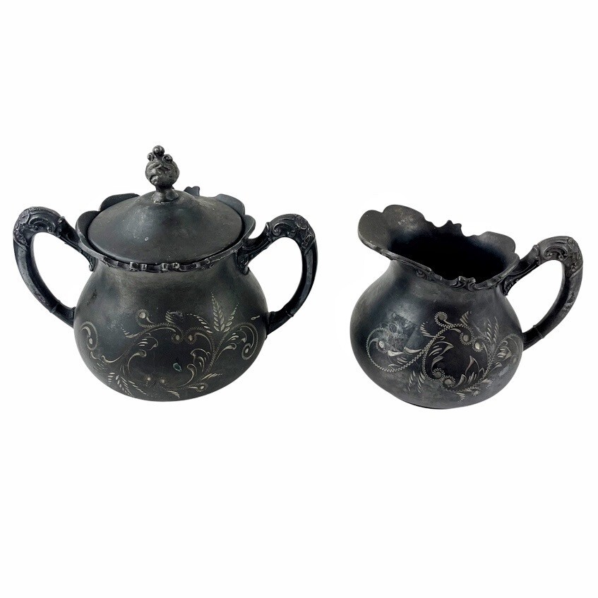 Antique Quadruple Silver Plate Sugar & Creamer Set Lidded Benedict