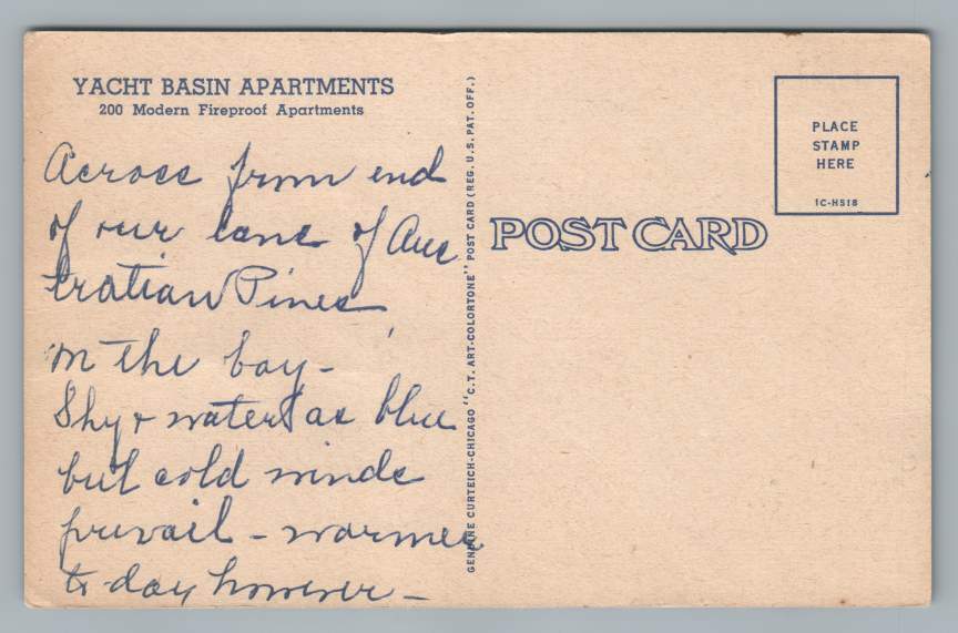 Yacht Basin Apartments CLEARWATER BEACH FloridaVintage Linen Postcard