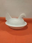 VTG White Milk Glass Chicken Hen on Nest Covered Trinket Oval Candy Beaded Dish