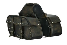 Motorbike Distressed Brown Genuine Leather Saddlebag Studded  Motorcycle Luggage
