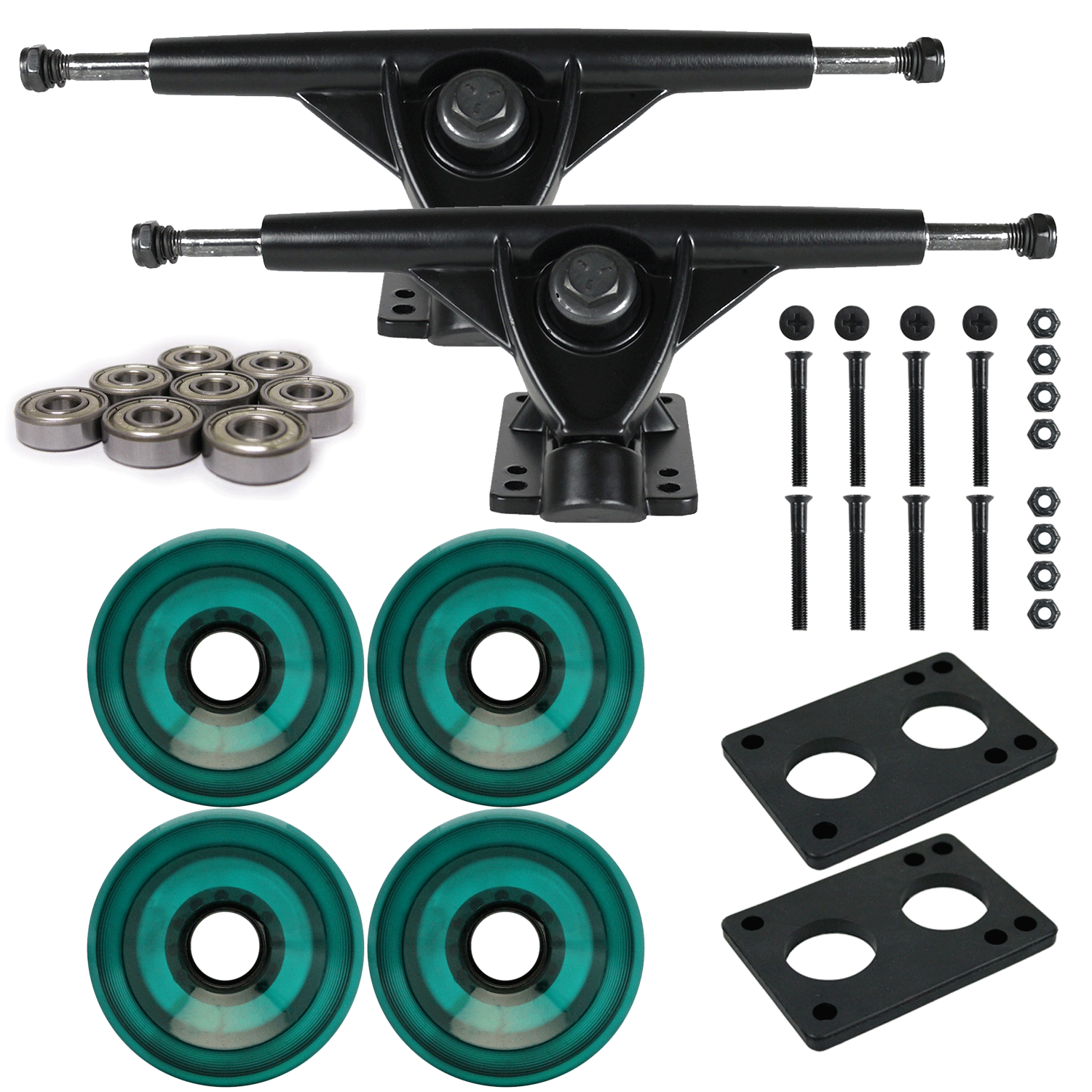 Longboard 181mm Reverse Kingpin Black Trucks 76mm Aqua Wheels with Bearings & Ha