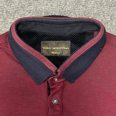 トップス Tony Montana Long polo shirt Tony Montana Polo Shirt Mens Medium Burgundy Long Sleeve Pique
