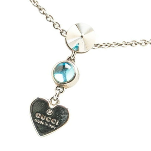 GUCCI Logo Blue Rhinestone Heart Drop Necklace 16