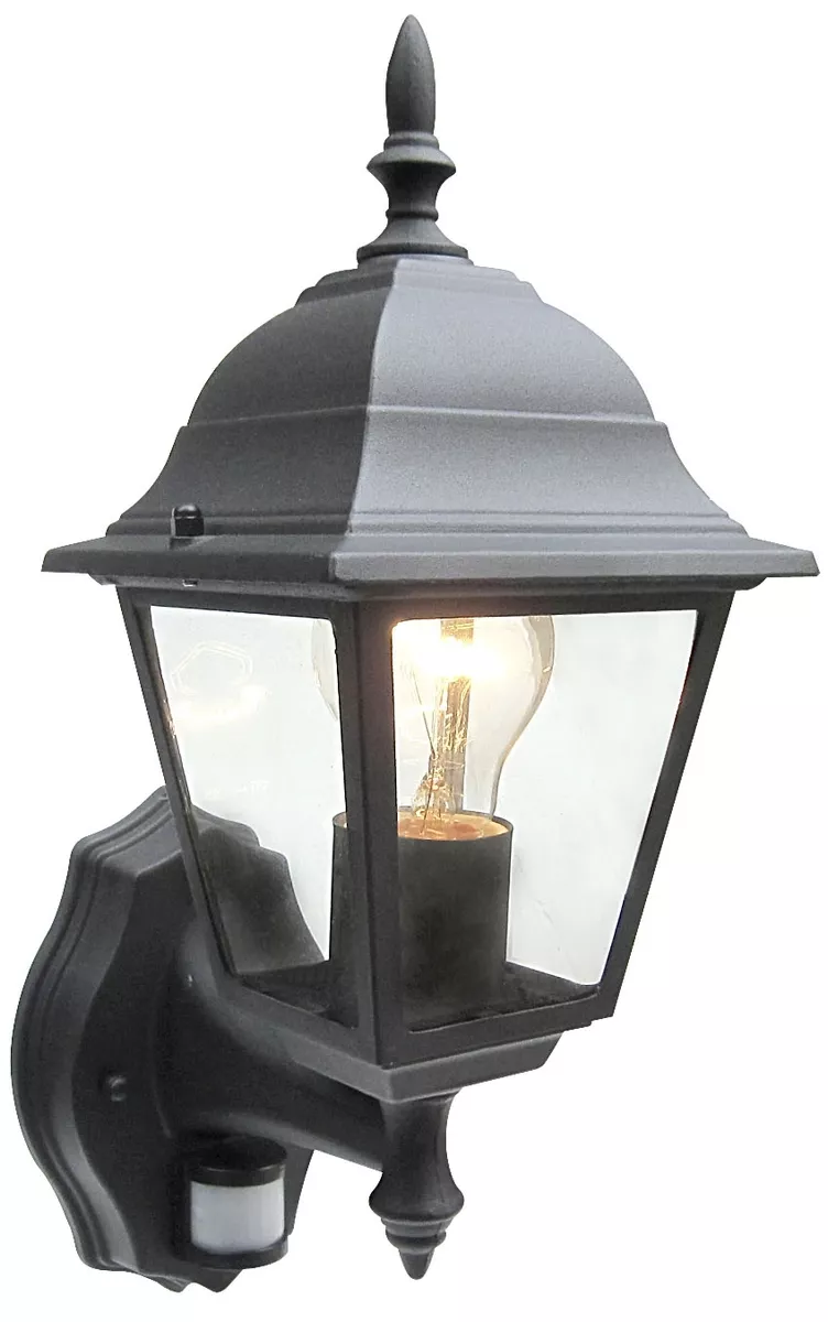PIR Motion Sensor Outdoor Security Wall Light Garden Lantern 4 Sided in Black