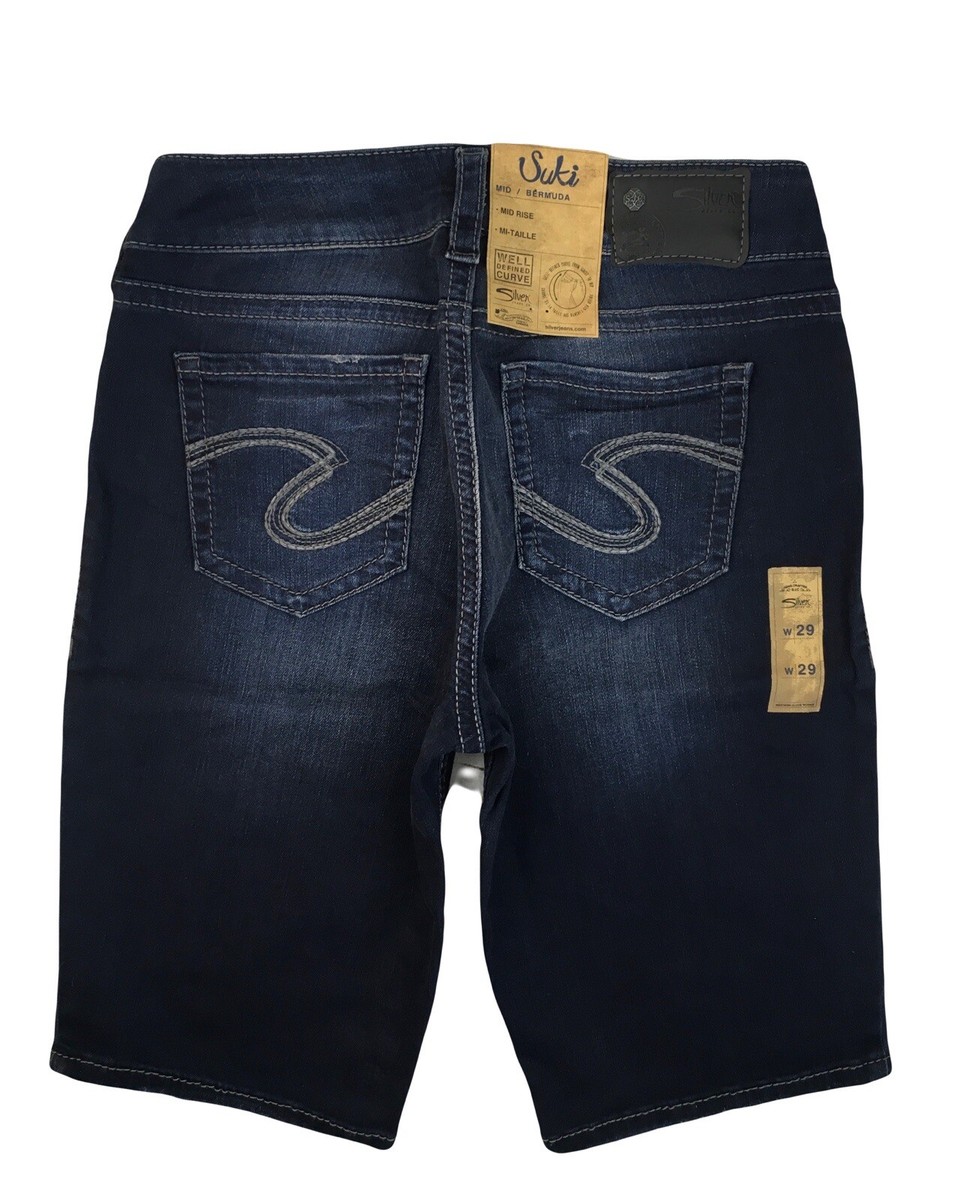 Silver Jeans Suki Curvy Bermuda Dark Denim Shorts Stretch Knee