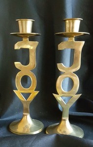 Vintage International Silver Co Christmas Candle Holders 8 Joy Solid Brass Ebay