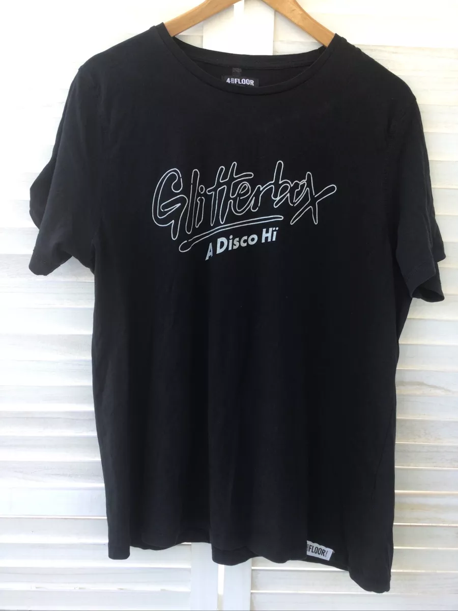 GLITTERBOX A DISCO HI 4 to the floor Black T shirt top silver Radio Show Large