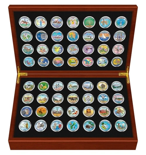 1999-2009 Complete COLORIZED State Quarters 56-Coin Set in Cherry Wood Style Box - Image 2 of 2