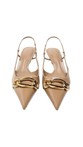 ZARA Patent Leather Beige Gold Hardware Kitten Slingback Heels Size 37
