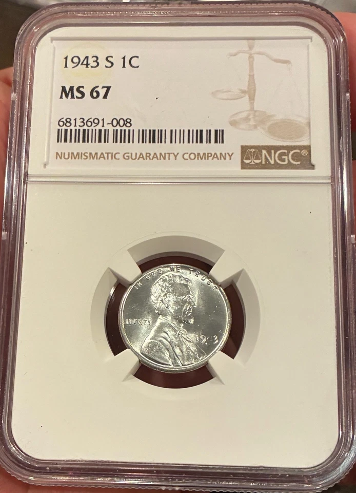 Centavo de acero 1943-S 1C NGC MS 67 hermoso brillo estado como nuevo Foto 3 de 4