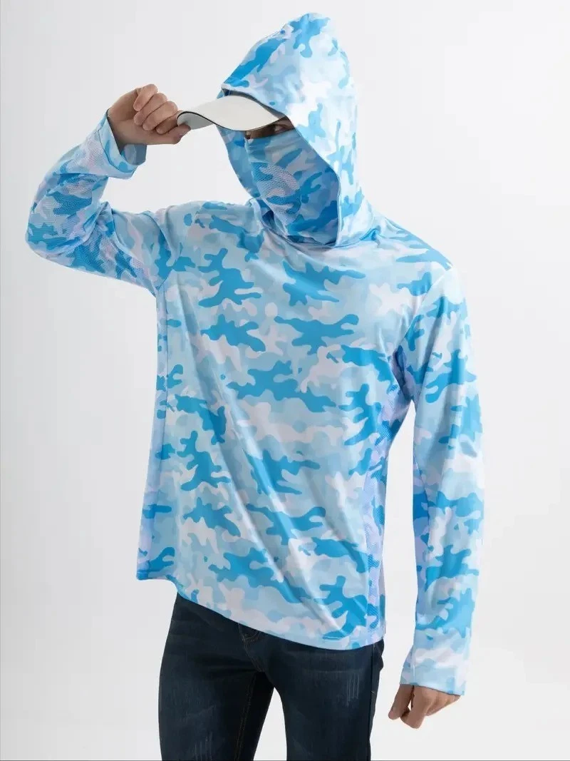 Para hombres UPF 50+ Pesca Sudadera con Capucha Mascarilla Manga Larga Protección UV Camisa de Secado Rápido