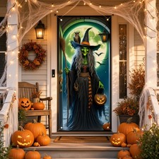 Witch Halloween Door Banner Owl Broomstick Pumpkin Backdrop Front Decor