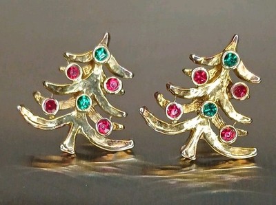 Vintage Gold Plated Evergreen Christmas Tree Rhinestone Pierced Earrings 4.9g 