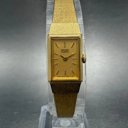 Seiko Tank Watch Women 12mm Champagne Dial Gold Tone 2e20-6479 New Battery ABGH