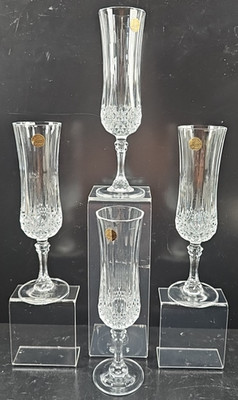 4 Cristal D'Arques Longchamp Clear Fluted Champagne Set Crystal Cut Stemware Lot