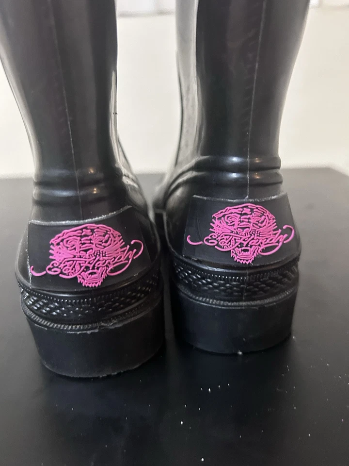 Винтажный Y2K Ed выносливый резиновый дождя ботинки Tiger женщин размер 6 винтажный розовый черный панк - Изображение 3 из 4