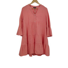 Quince Women 100% Organic Cotton Gauze Long Sleeve Tiered Mini Dress Orange S
