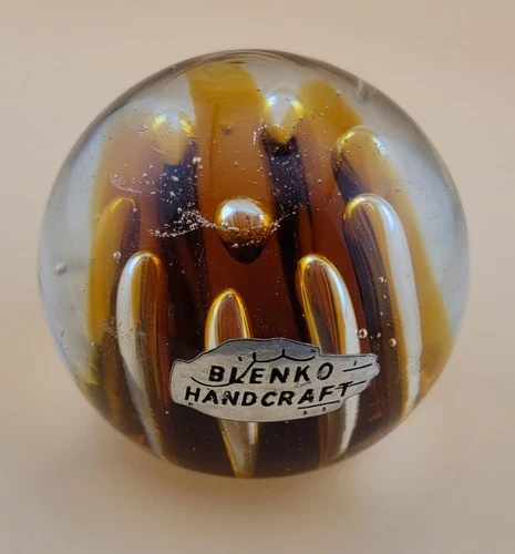 Vintage BLENKO Art Glass Paperweight 3.5" Orange Pulled Feather MCM USA Made