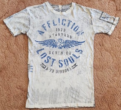 VTG Y2K Affliction Reversible Shirt Men L Lost Souls Seek and Destroy Distressed