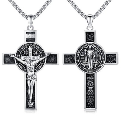 St Benedict Crucifix Necklace 925 Sterling Silver Saint Benedict Medal Neckla...