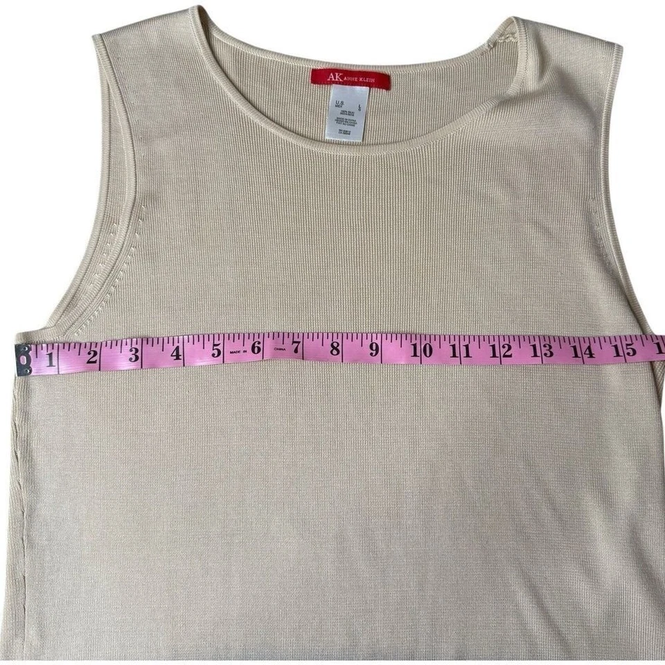 Camiseta sin mangas tejida vintage AK Anne Klein azul tostado 100 % seda blusa camisa talla L Foto 3 de 4