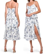 House of Harlow 1960 Floral Maxi Dress Tiered Ruffle Lace Up Back White Blue S
