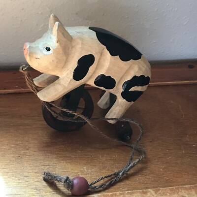 Estate Faux Wood White & Black Chubby Resin Pig on Rolling Tricycle Pull Toy FIg