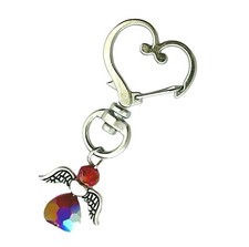 Red AB Beaded Silver Heart Angel Gift Chain Self Closing Key Ring Purse Charm