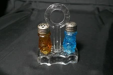 EAPG Salt Pepper Set on Holder Daisy Button Slender Blue Amber Clear c 1875-1885