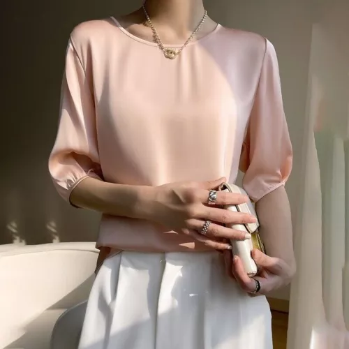 Damen Elegant Satin 3/4 Ärmel Seide Tops Rundhals Bluse T-Shirt Locker Freizeit - Bild 2 von 30