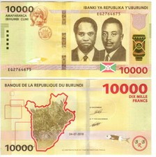 BURUNDI 10000 Francs UNC Hippo Banknote (2018) P-new Prefix EG Paper Money