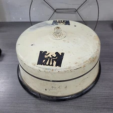 Vintage Tin Cake Saver Carrier Tavern Silhouette 1940'S WOOD BASE retro wwii