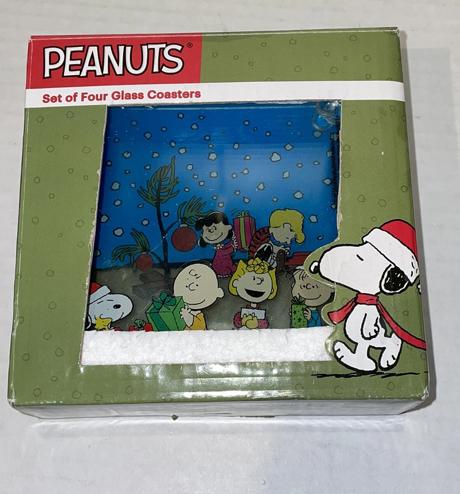 Peanuts 4 Piece Holiday Glass Coaster Set Charlie Brown Snoopy 4"x4" - Image 2 of 4